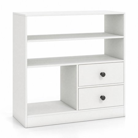 Furnibear Open Accent Cabinet with 2 Drawers 3 Compartments and Countertop Bookshelf Storage for Entryway Living Room and Bedroom, White