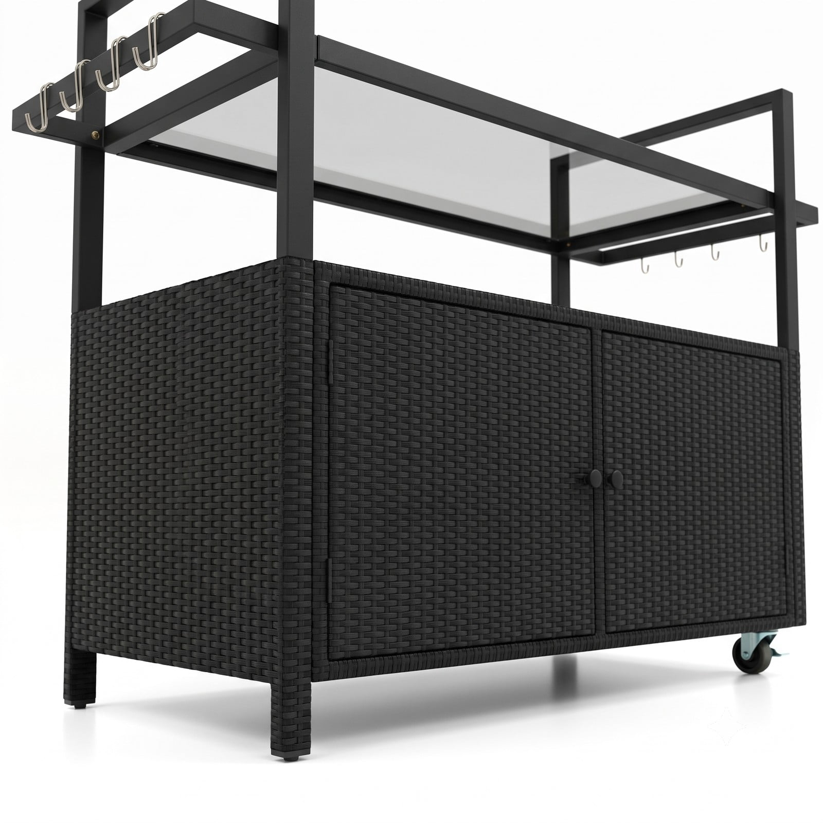 Furnibear Outdoor Bar Cart, Wicker Buffet Serving Cart with Tempered Glass Top, 2-Door Cabinet, Open Shelf and 8 Removable Hooks, Rolling PE Rattan Kitchen, Black