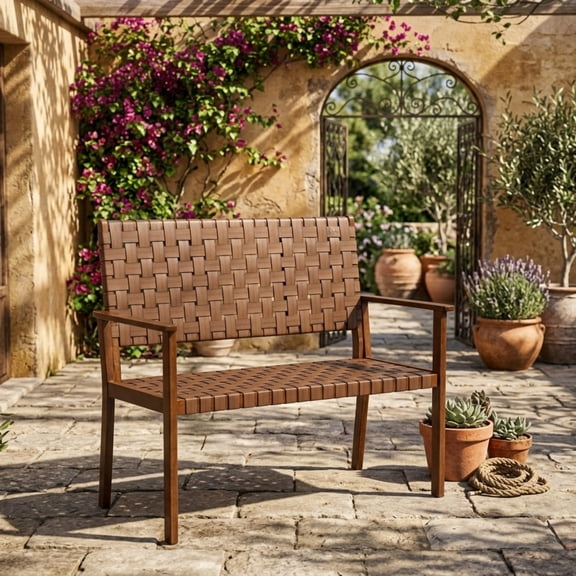 Furnibear Outdoor Bench 2-Person All-Weather Patio Bench with Rubber Wood Frame and Hand-Woven PU Leather for Porch Poolside, 400 lbs, Natural