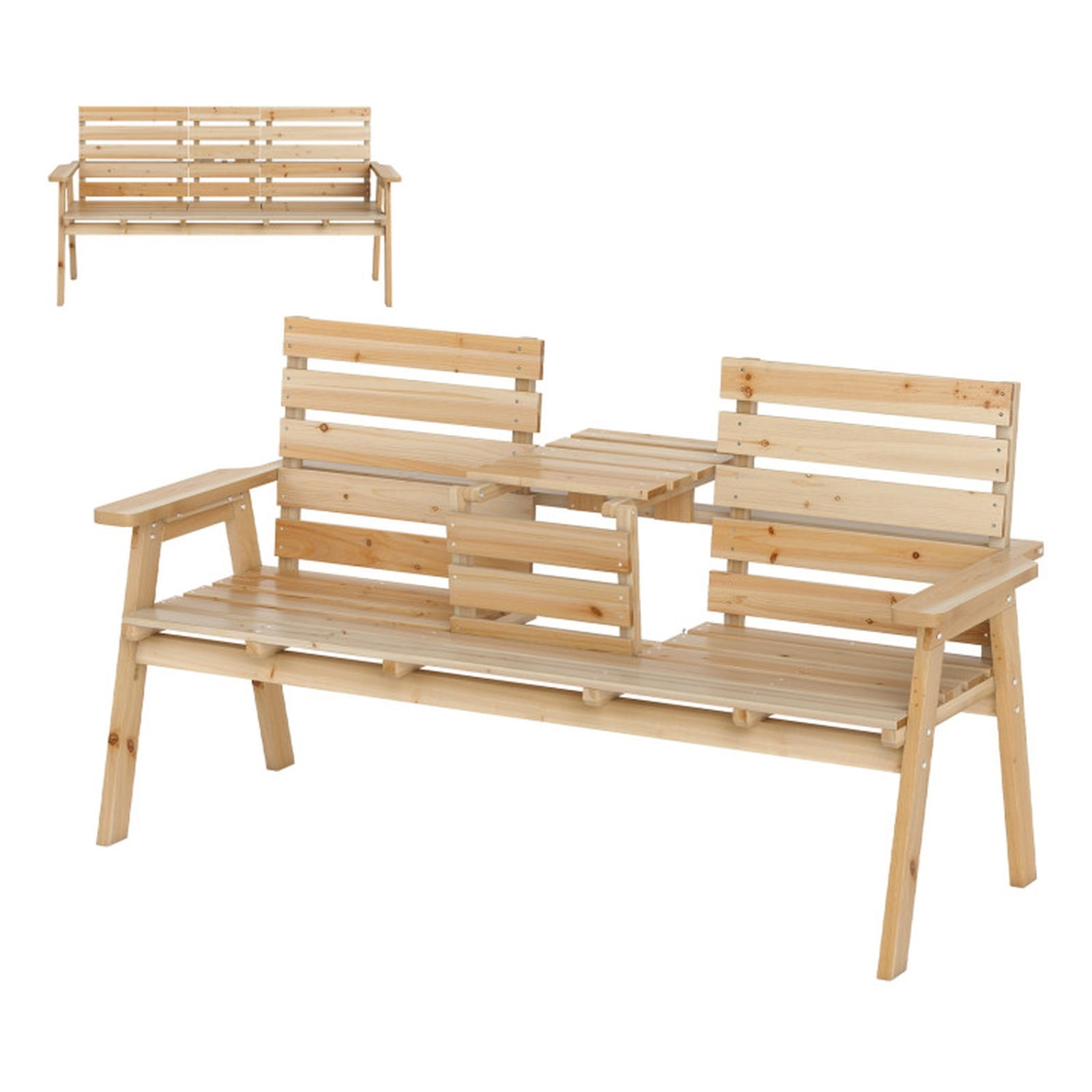 Furnibear Outdoor Fir Wood Bench with Foldable Middle Table and Wide Armrests for Patio Garden Porch and Backyard, Natural