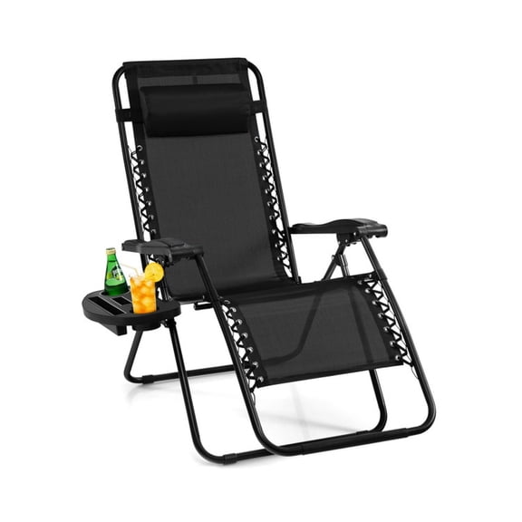 Furnibear Outdoor Folding Zero Gravity Reclining Lounge Chair with Removable Cup Holder Tray Detachable Headrest Steel and Aluminum Frame and 350 lb Capacity, Black
