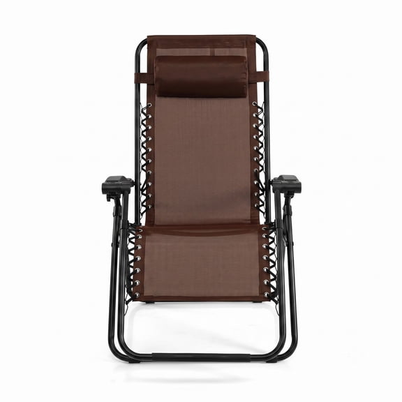 Furnibear Outdoor Folding Zero Gravity Reclining Lounge Chair with Removable Headrest and Cup Holder Tray for Patio, Deck and Backyard, Brown