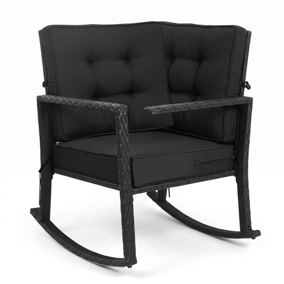 Furnibear Outdoor Glider Rocking Chair with Woven Rattan Frame Thick Seat and Back Cushions for Patio Porch and Lawn, Black