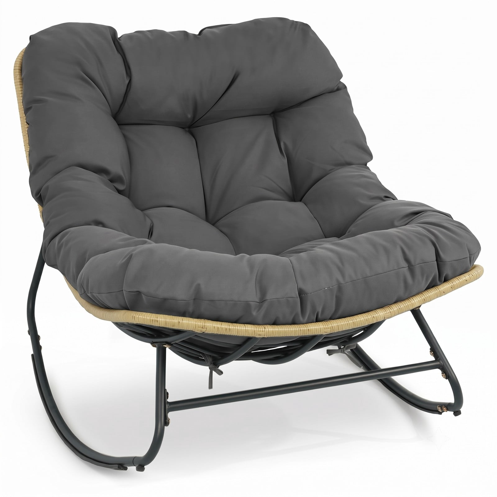 Furnibear Outdoor Papasan Rocking Chair, Egg-Shaped PE Rattan Wicker Glider Chair with Thick Removable Cushion for Patio Porch Garden, 400 lbs Capacity, Gray