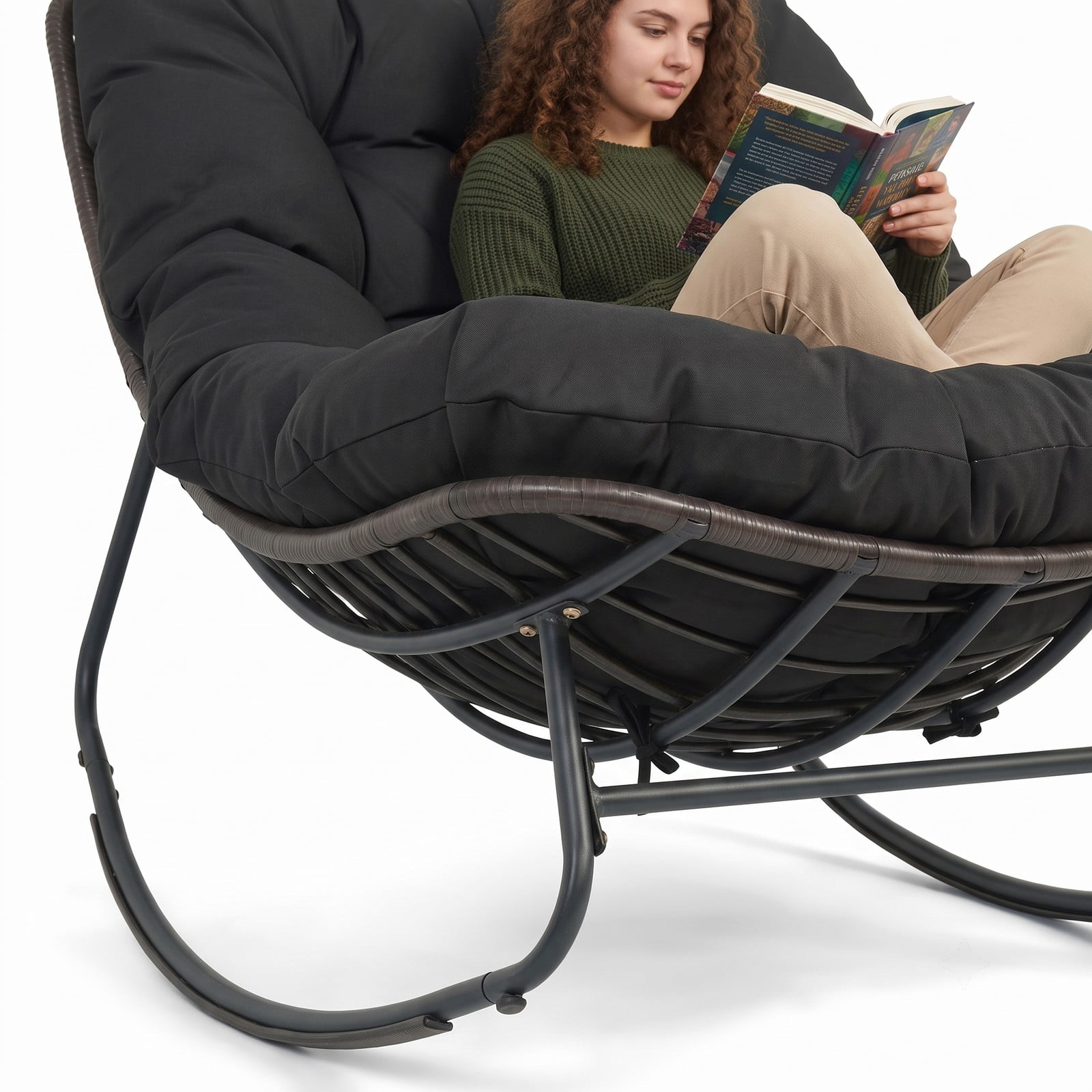 Furnibear Outdoor Papasan Rocking Chair, Egg-Shaped PE Rattan Wicker Glider Rocker with Thick Removable Cushion and Non-Slip Pads for Patio Porch Backyard, 400, Black