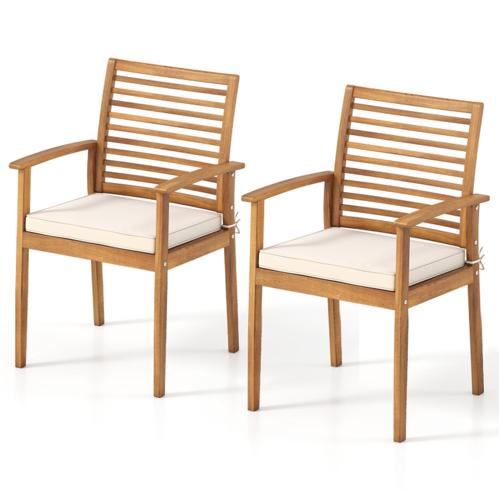 Furnibear Outdoor Patio Dining Chairs Set of 2 Acacia Wood Conversation Chairs with Removable Padded Cushion and Slatted Backrest, Beige