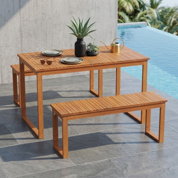 Furnibear Outdoor Picnic Table Set Solid Acacia Wood for Patio Garden Backyard Beige 800 lbs Capacity