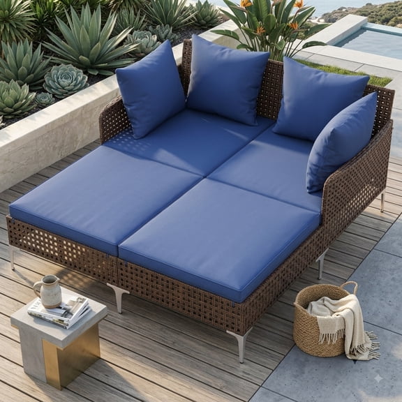 Furnibear Outdoor Rattan Double Daybed Wicker Chaise Lounge Patio Sofa Bed with Cushions for Backyard Poolside, 60 Inch, 800 lbs, Navy