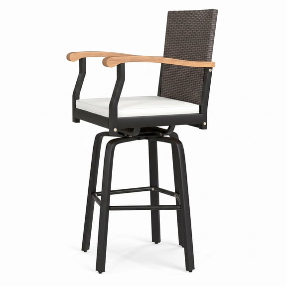 Furnibear Outdoor Swivel Bar Stool with Cushion, 360 Rotating Patio Barstool with Acacia Wood Armrests, PE Rattan Counter Height Bar Chair for Backyard, Mix Brown