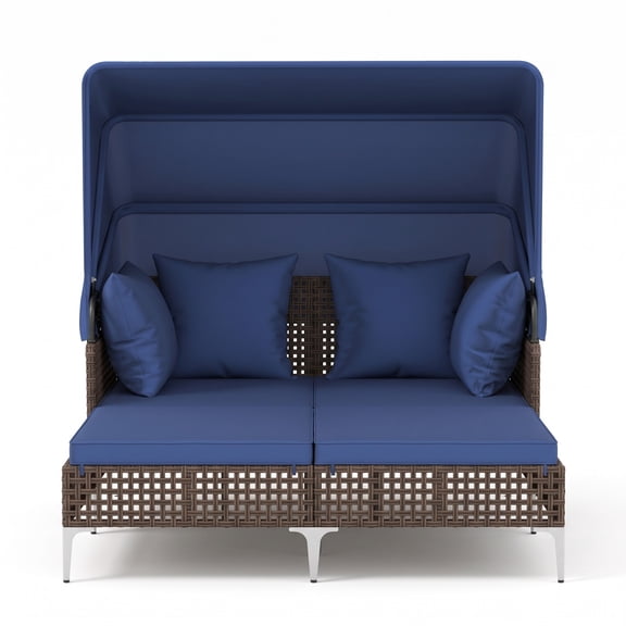 Furnibear Outdoor Wicker Daybed with Retractable Canopy and Cushioned Lying Space for Patio Poolside and Backyard Shaded Lounging, Navy