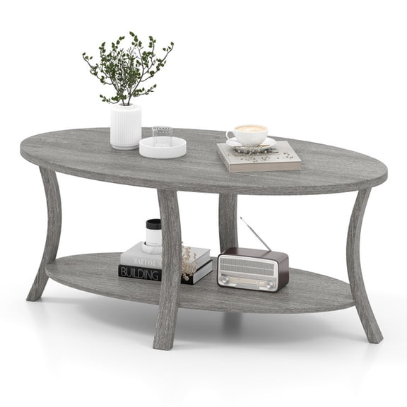 Furnibear Oval Coffee Table 2-Tier Center Table with Storage Shelf - Gray - Living Room Cocktail Center Table