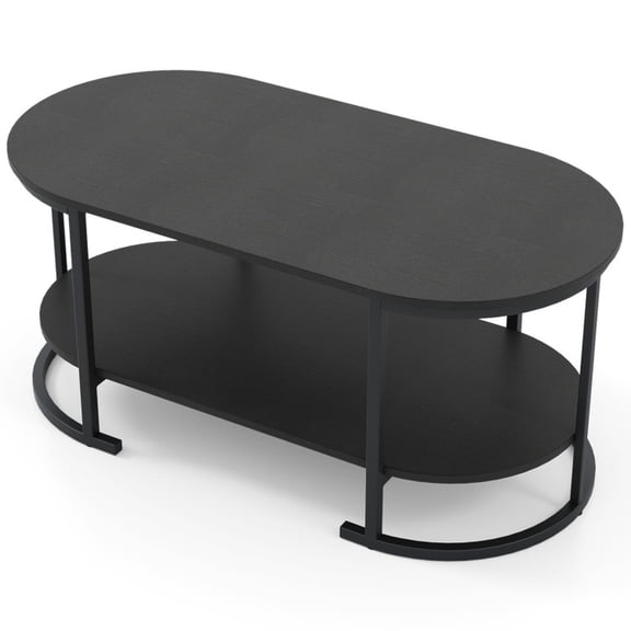 Furnibear Oval Coffee Table 2-Tier Wooden Accent Table with Spacious Tabletop and Open Storage Shelf - Black
