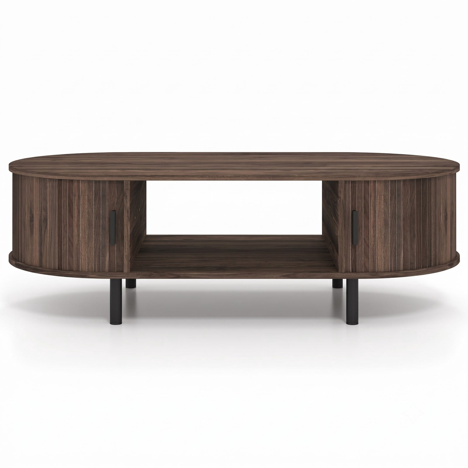 Furnibear Oval Coffee Table 47.5 Inch Wooden Center Table with Storage Shelves and Sliding Doors for Living Room, Walnut