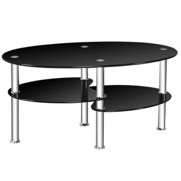 Furnibear Oval Coffee Table, Tempered Glass Side Coffee Table with 2 Storage Shelves and Metal Frame for Living Room, Black