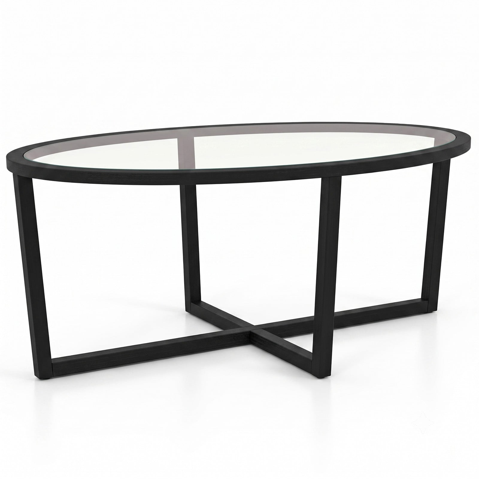 Furnibear Oval Glass Coffee Table, Living Room Center Table with Tempered Glass Top, Cross Base and Solid Acacia Wood Legs, 110 lbs Capacity Accent Sofa Side, Black