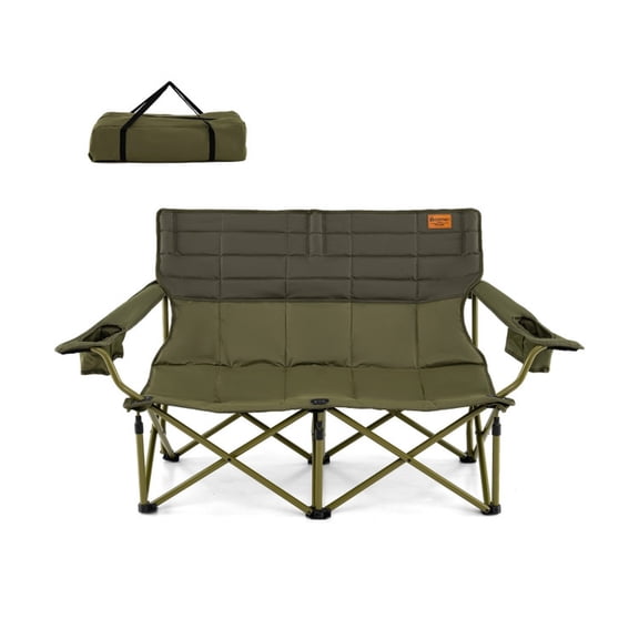 Furnibear Oversized Camping Loveseat Folding Double Camping Couch with Adjustable Armrests, Dual Cup Holders, Thick Cotton Padding and 660 LBS Metal Frame with Storage Bag, Green