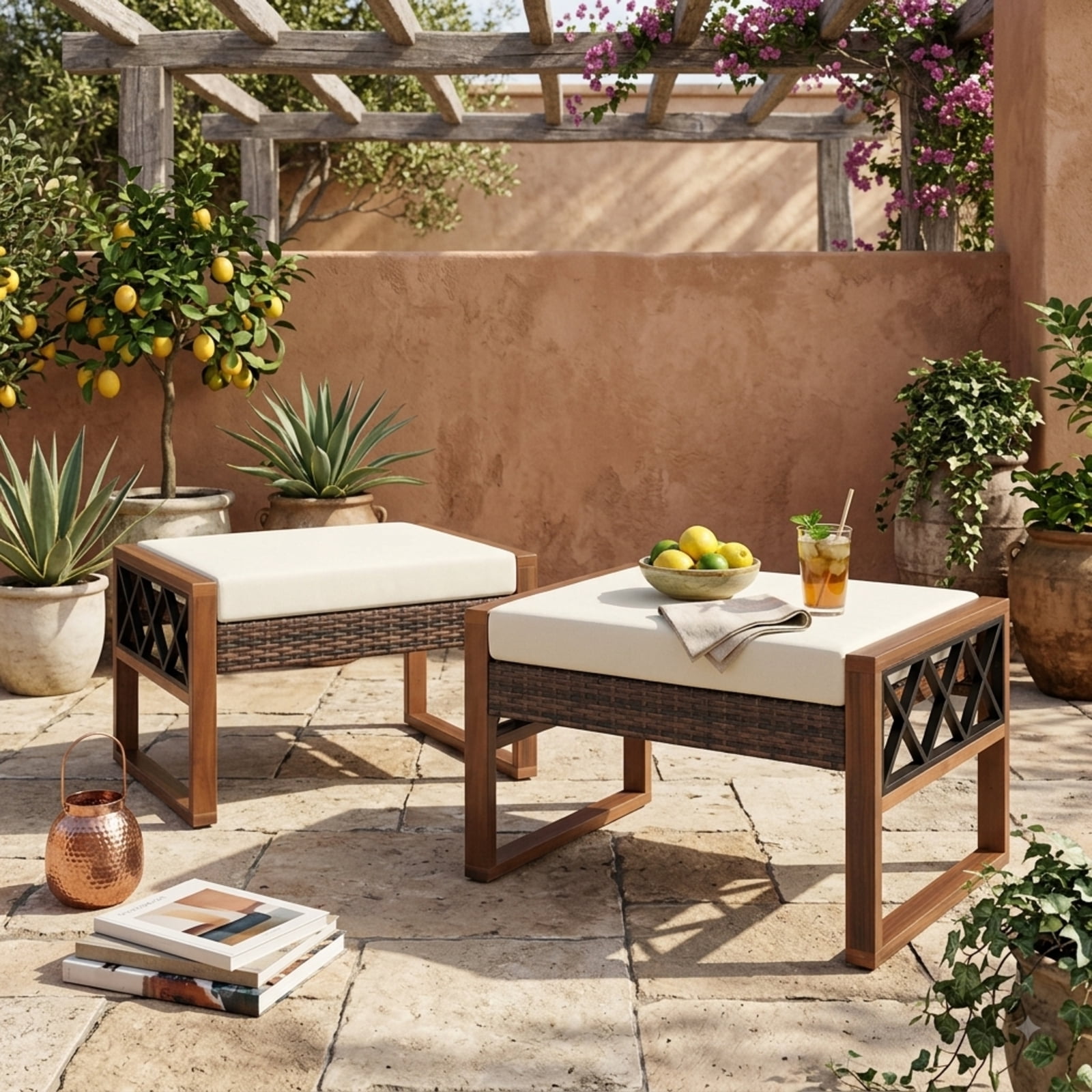 Furnibear PE Rattan Wicker Ottoman Set of 2, Outdoor Patio Footstool with Removable Cushions, Acacia Wood & Metal Frame for Garden Porch, 400 LBS, Beige