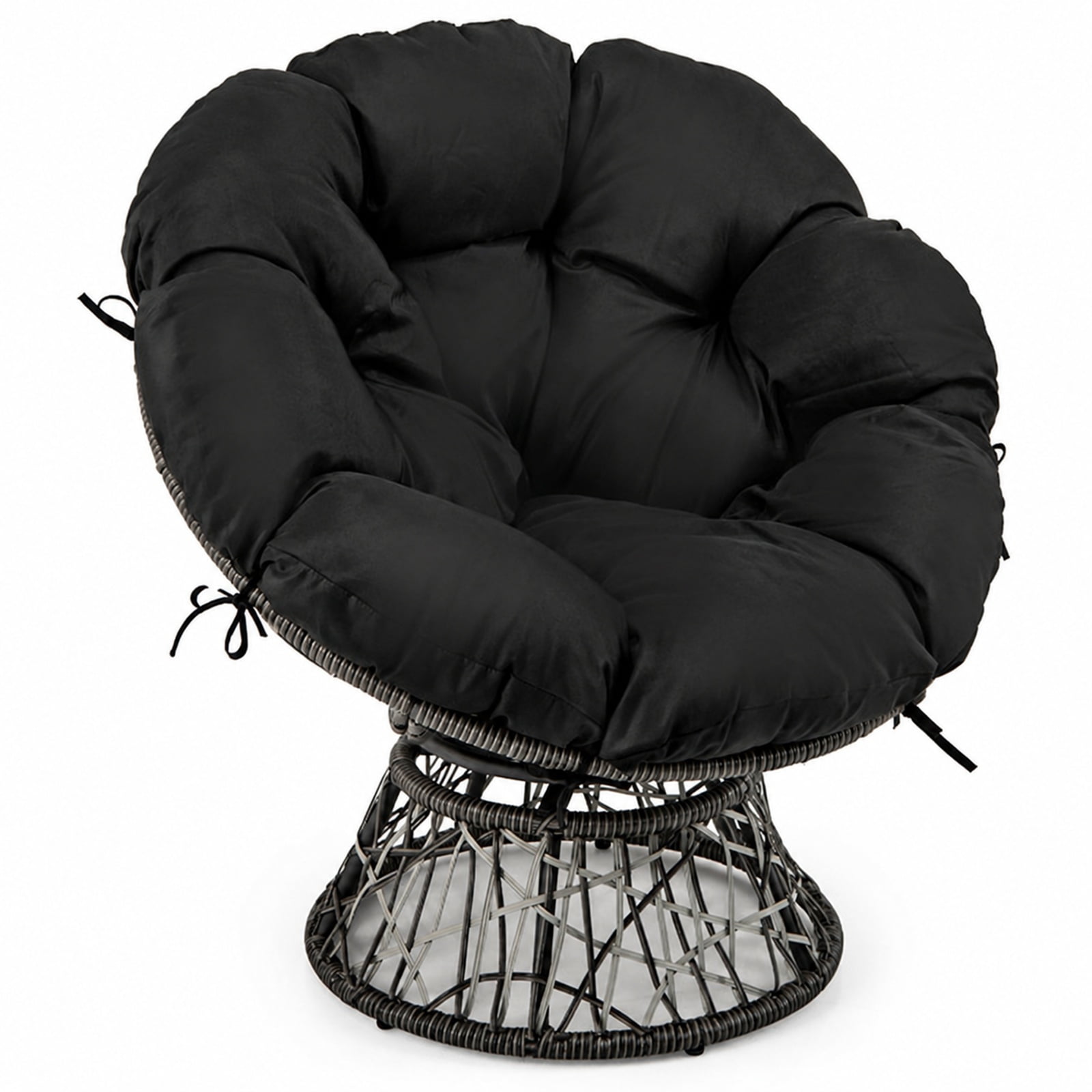 Furnibear PE Wicker Papasan Chair with Thick Removable Cushion 360 Degree Swivel Base and Metal Frame for Living Room and Sunroom, Black