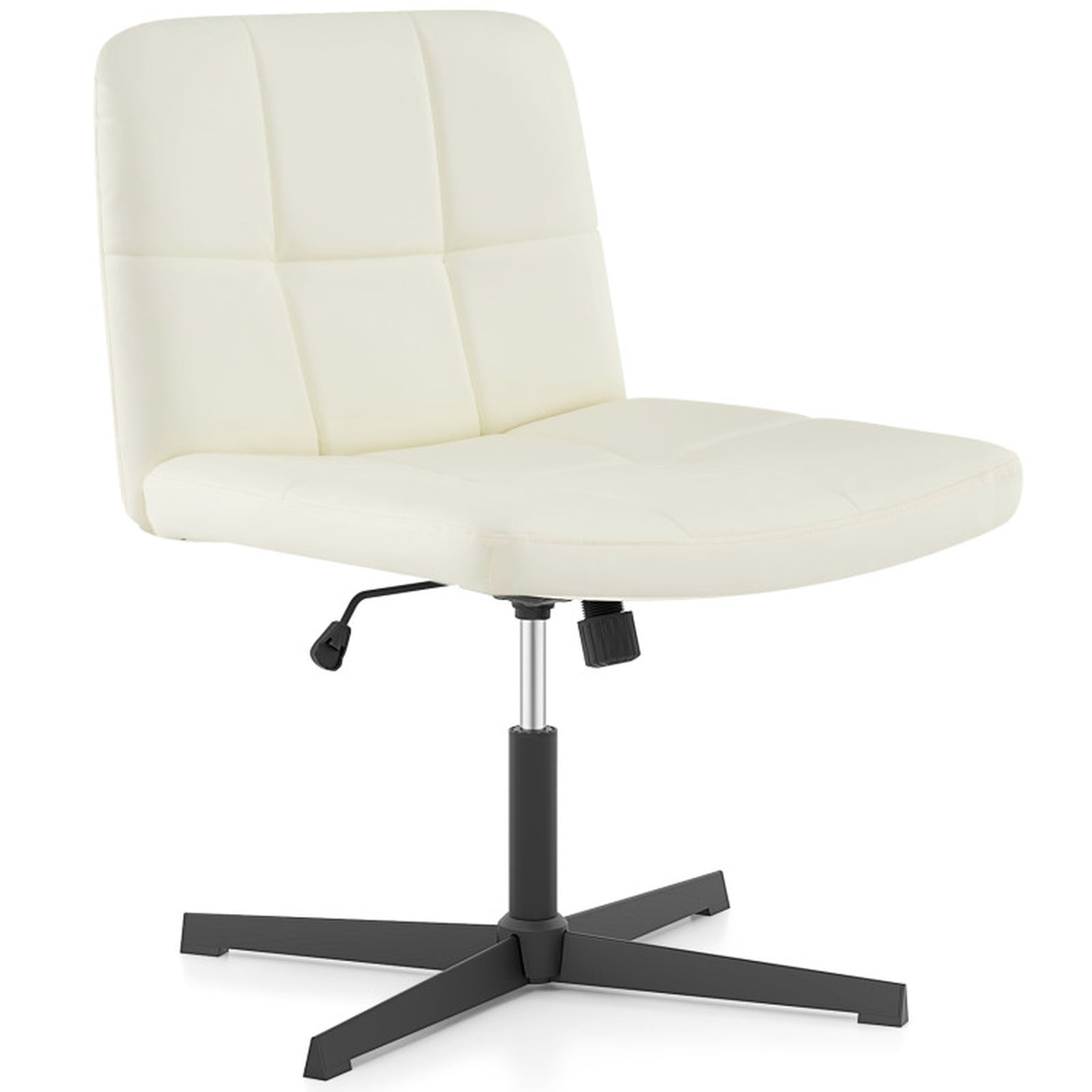 Furnibear PU Leather Upholstered Cross Legged Armless Office Chair with Oversized U Shaped Seat Swivel Rolling Vanity Desk Chair, Beige