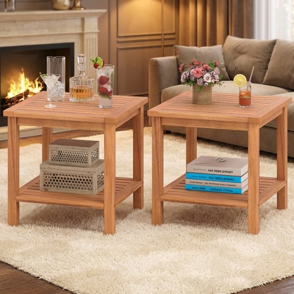 Furnibear Patio Acacia Wood Side Table with Slatted Tabletop and Storage Shelf, Natural