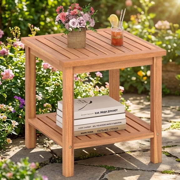 Furnibear Patio Acacia Wood Side Table with Slatted Tabletop and Storage Shelf, Natural