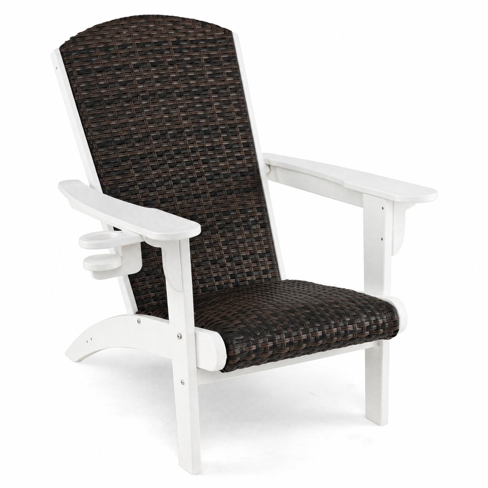 Furnibear Patio Adirondack Chair with Rattan Padded Seat HDPE Frame Wide Armrests and Hidden Cupholder for Backyard and Poolside, White