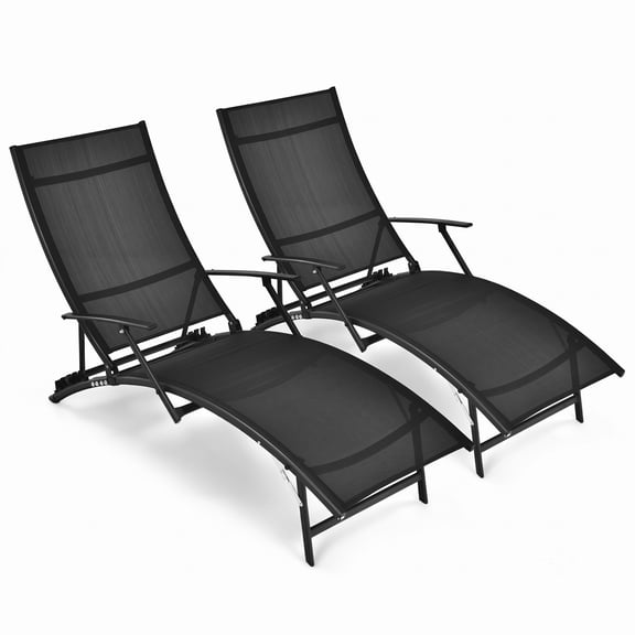 Furnibear Patio Folding Stackable Chaise Lounge Chairs Set of 2 with Armrests and Adjustable Backrest for Poolside and Garden, Black