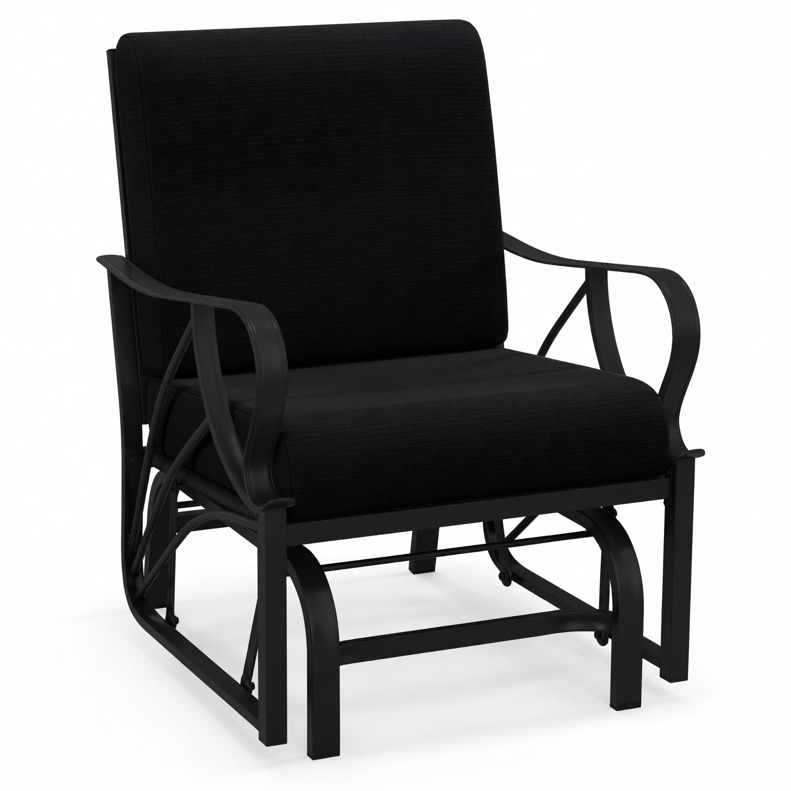 Furnibear Patio Glider Rocking Chair with Thick Cushion Curved Armrests Easy to Clean Metal Frame and Smooth Gliding Motion for Porch, Black