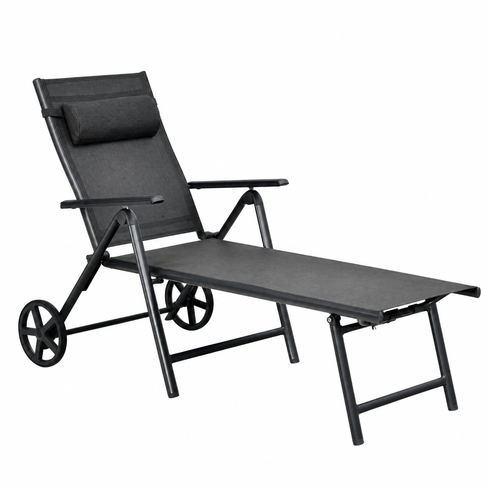 Furnibear Patio Lounge Chair with Wheels Neck Pillow 7 Position Backrest and Rustproof Aluminum Frame for Poolside Backyard and Patio, Gray