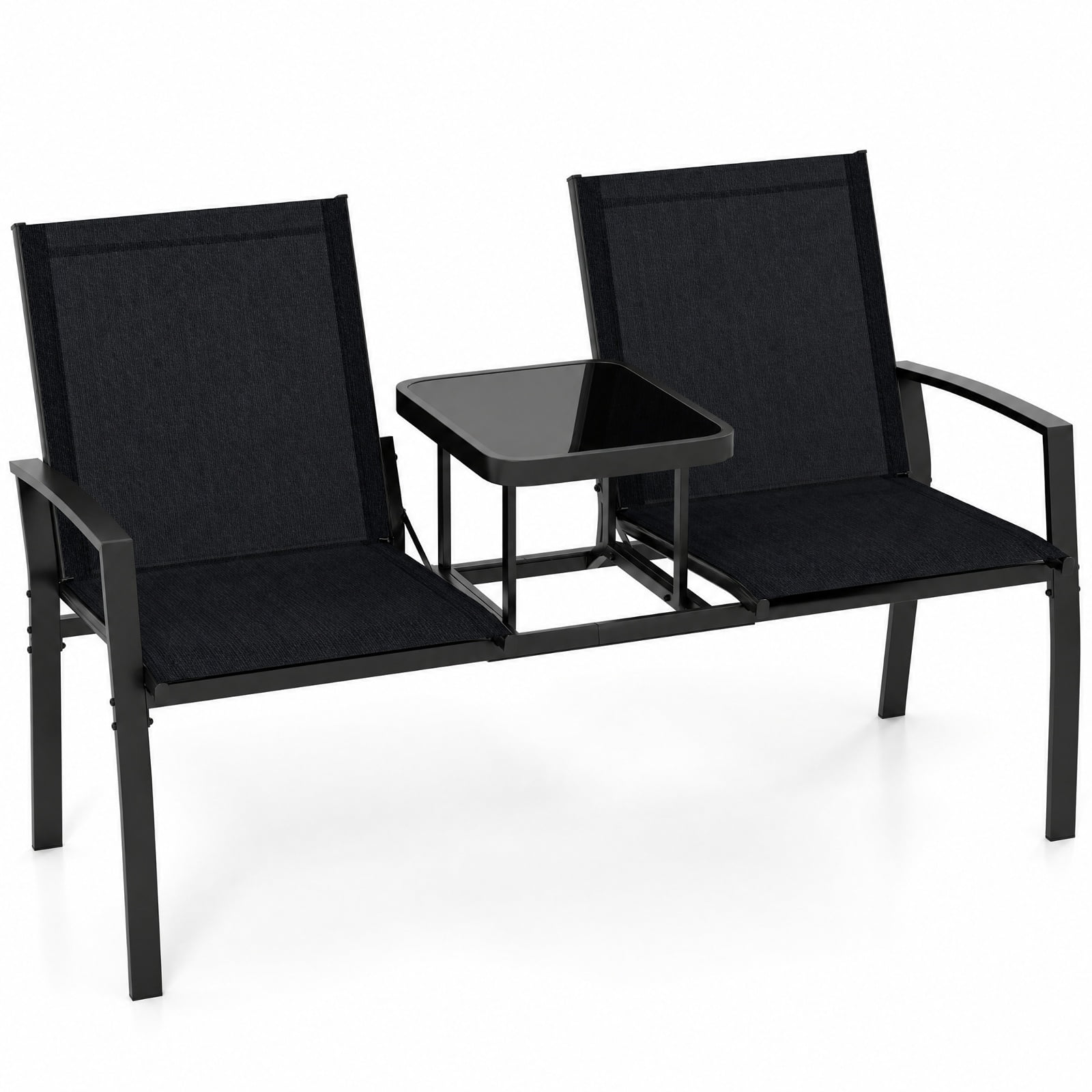 Furnibear Patio Loveseat with Built in Table and Breathable Fabric Back for Porch Garden and Poolside Outdoor Seating, Black