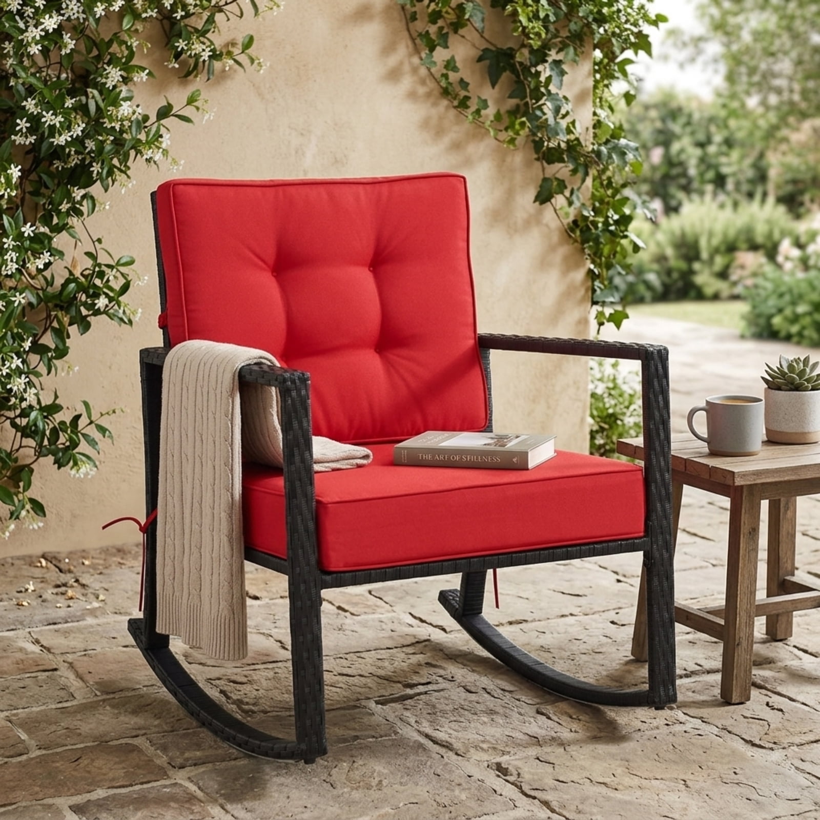 Furnibear Patio Rattan Rocking Chair Outdoor Glider Lounge Chair with Red Cushion, Wicker Rocker for Lawn Garden Deck Backyard, 360 lbs