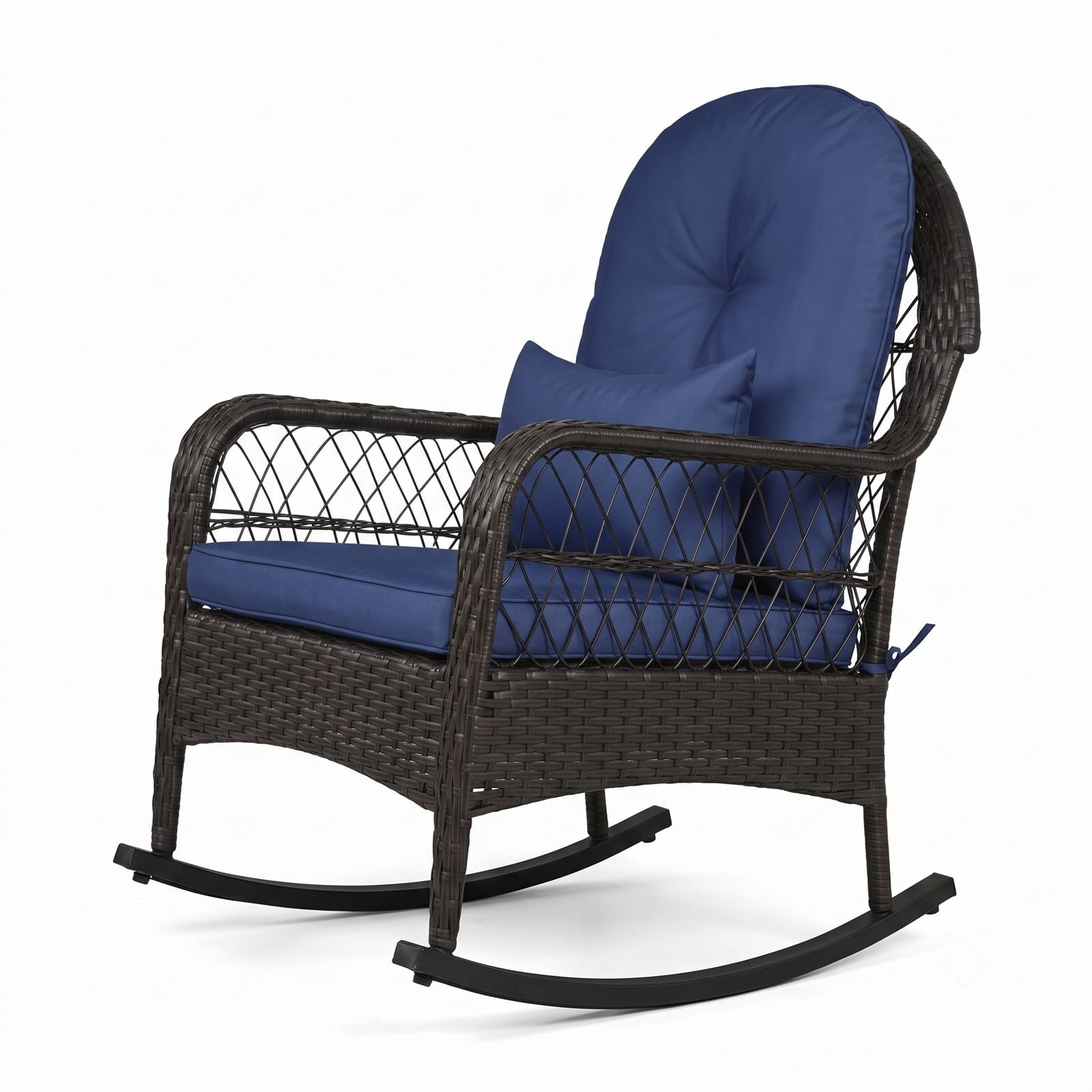 Furnibear Patio Rattan Rocking Chair with Soft Seat, Back Cushions and Waist Pillow for Front Porch, Backyard and Poolside, Navy