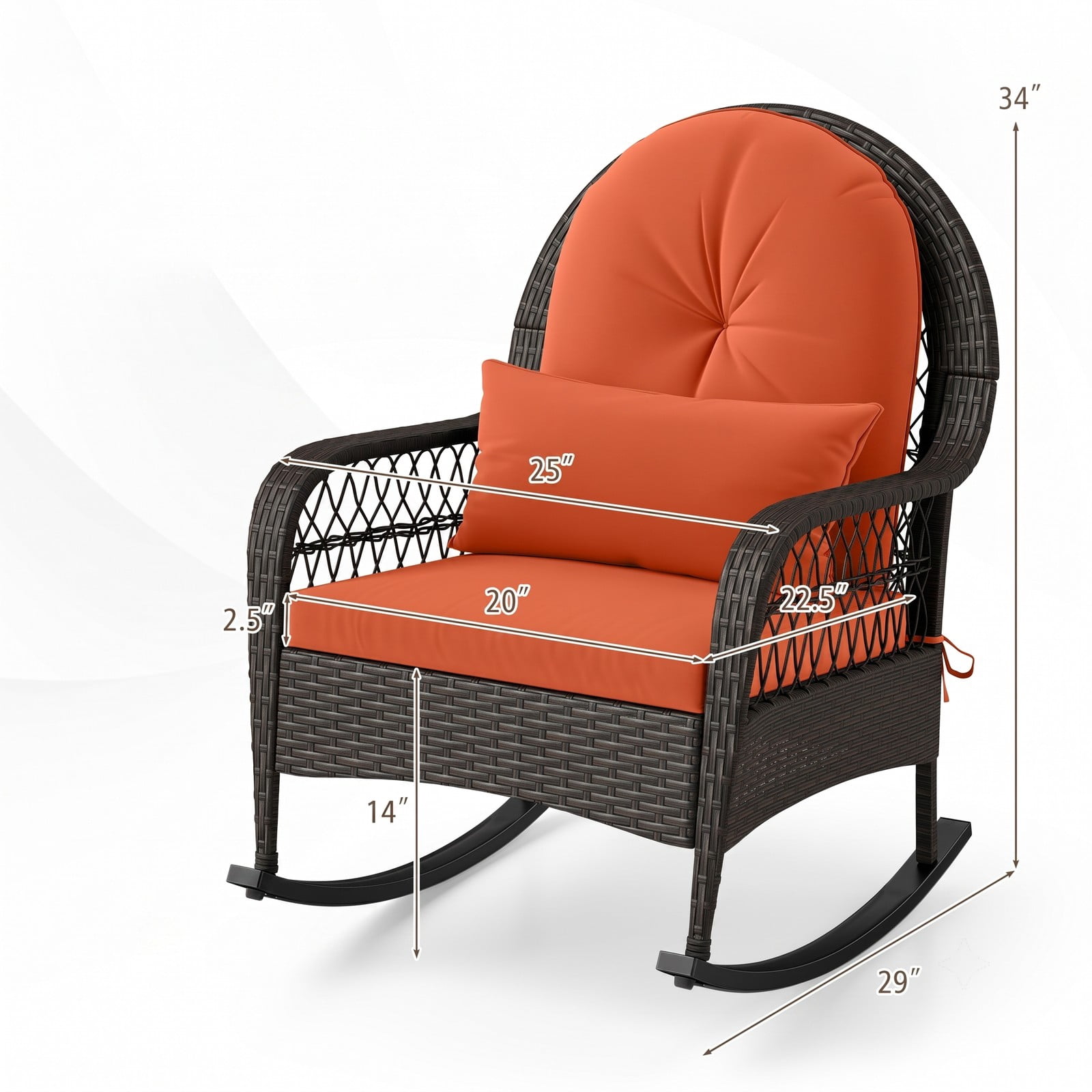 Furnibear Patio Rattan Rocking Chair with Soft Seat, Back Cushions and Waist Pillow for Front Porch, Backyard and Poolside, Red