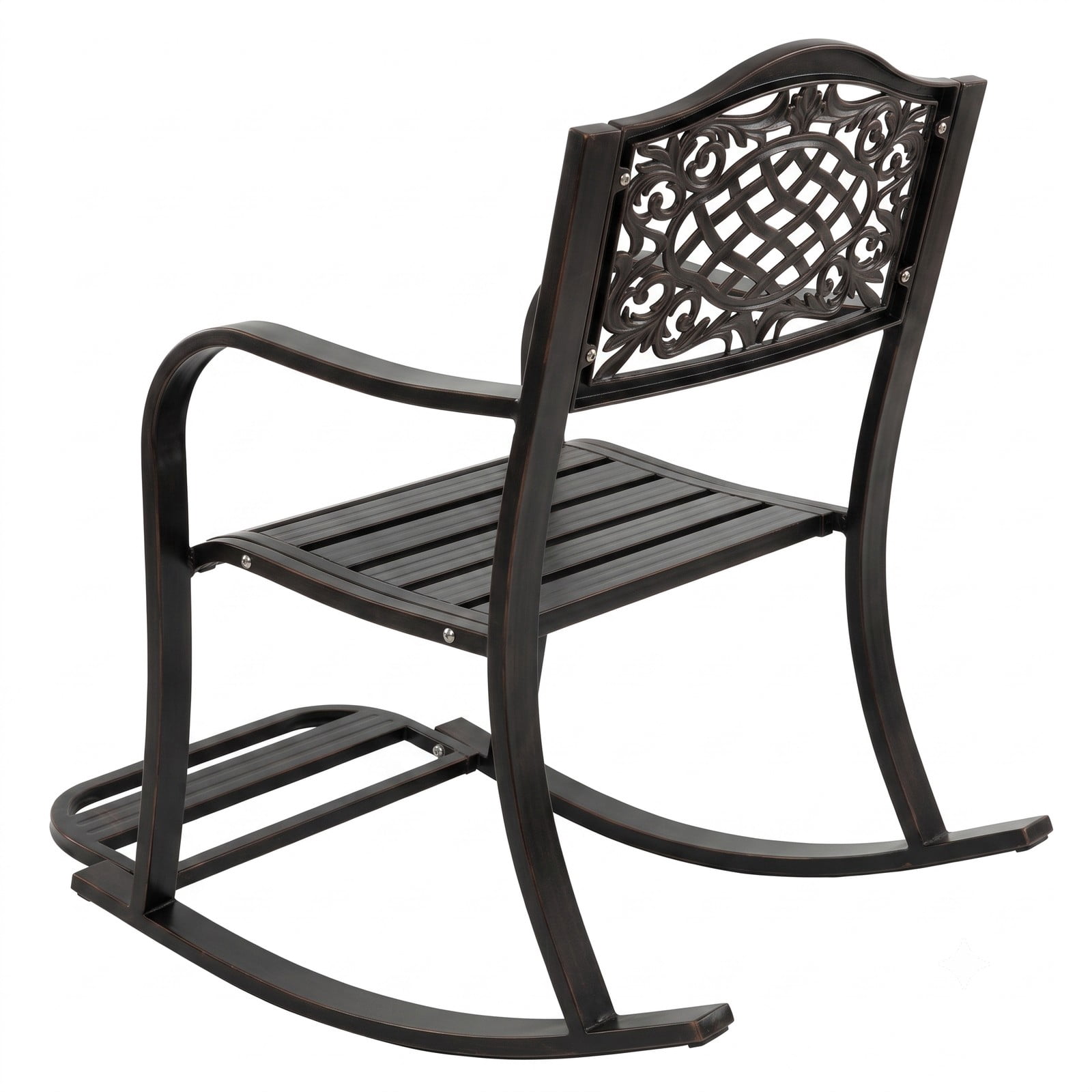 Furnibear Patio Rocking Chair with Cast Aluminum Frame, Floral Backrest and Curved Armrests for Backyard and Porch, Brown