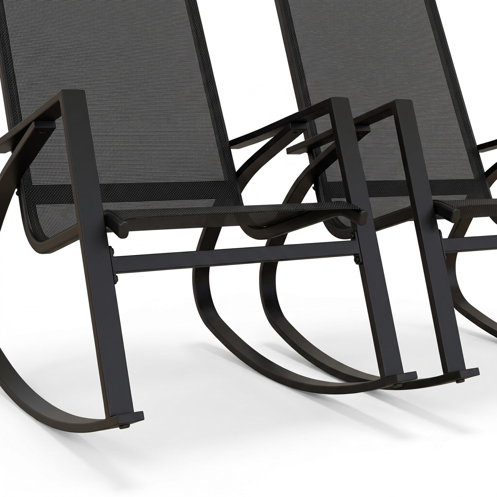 Furnibear Patio Rocking Chairs Set of 2 with Ergonomic Sling Backrest and Circular Metal Frame for Balcony and Poolside, Black