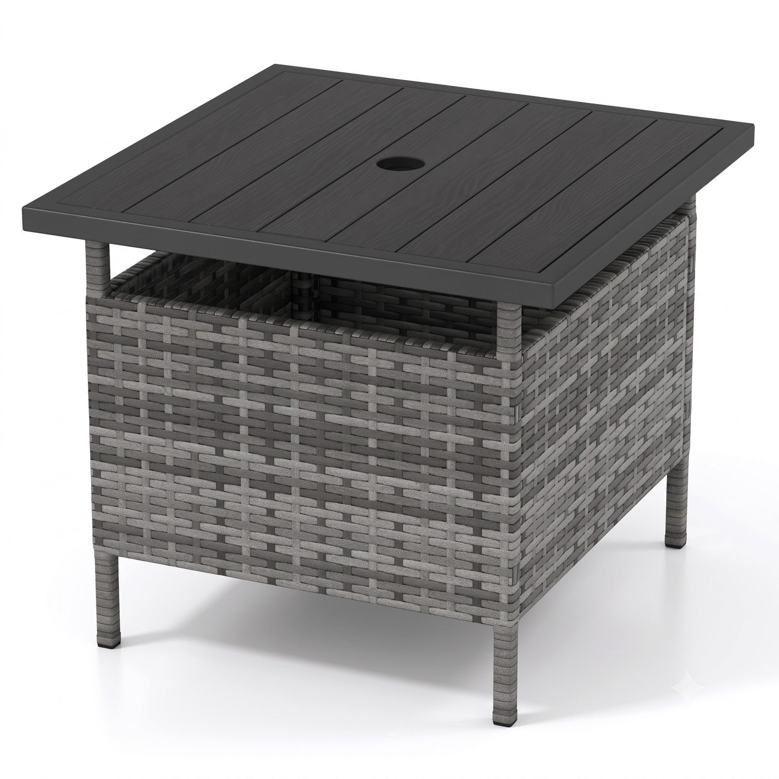 Furnibear Patio Square Wicker Side Table with Umbrella Hole, PE Rattan Outdoor End Table, Faux Wood Tabletop Metal Frame Coffee Table for Yard Garden Backyard, Gray