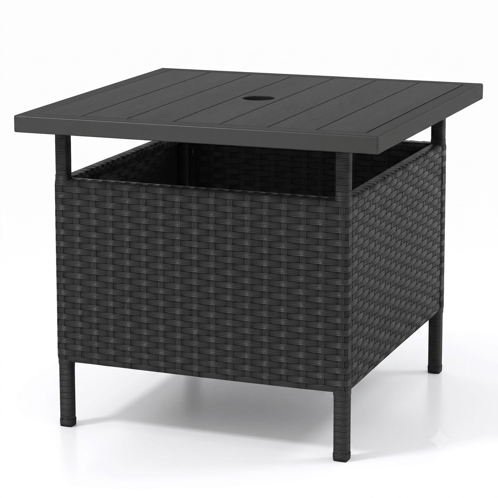 Furnibear Patio Square Wicker Side Table with Umbrella Hole, PE Rattan Outdoor End Table, Faux Wood Top Metal Frame Coffee Table for Garden Yard Backyard, Black