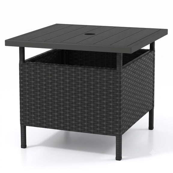 Furnibear Patio Square Wicker Side Table with Umbrella Hole, PE Rattan Outdoor End Table, Faux Wood Top Metal Frame Coffee Table for Garden Yard Backyard, Black