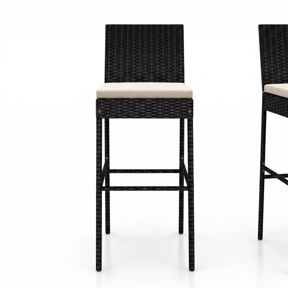 Furnibear Patio Wicker Barstools Set of 2 with Footrest and Backrest, Outdoor PE Rattan Bar Height Stools with Cushions for Backyard Poolside Balcony, Black