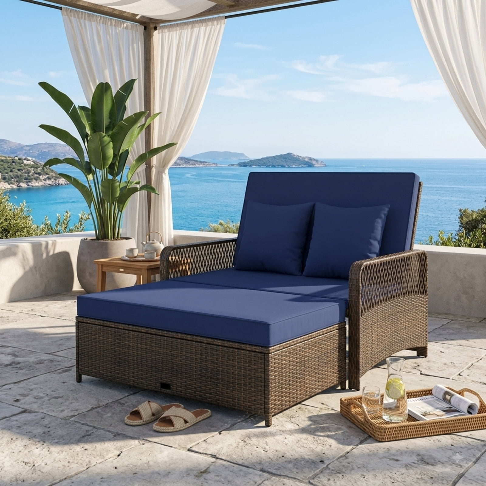Furnibear Patio Wicker Daybed with 4-Level Backrest, Outdoor PE Rattan Loveseat Sofa & Ottoman Set with Cushions for Backyard Poolside, 800 LBS, Navy
