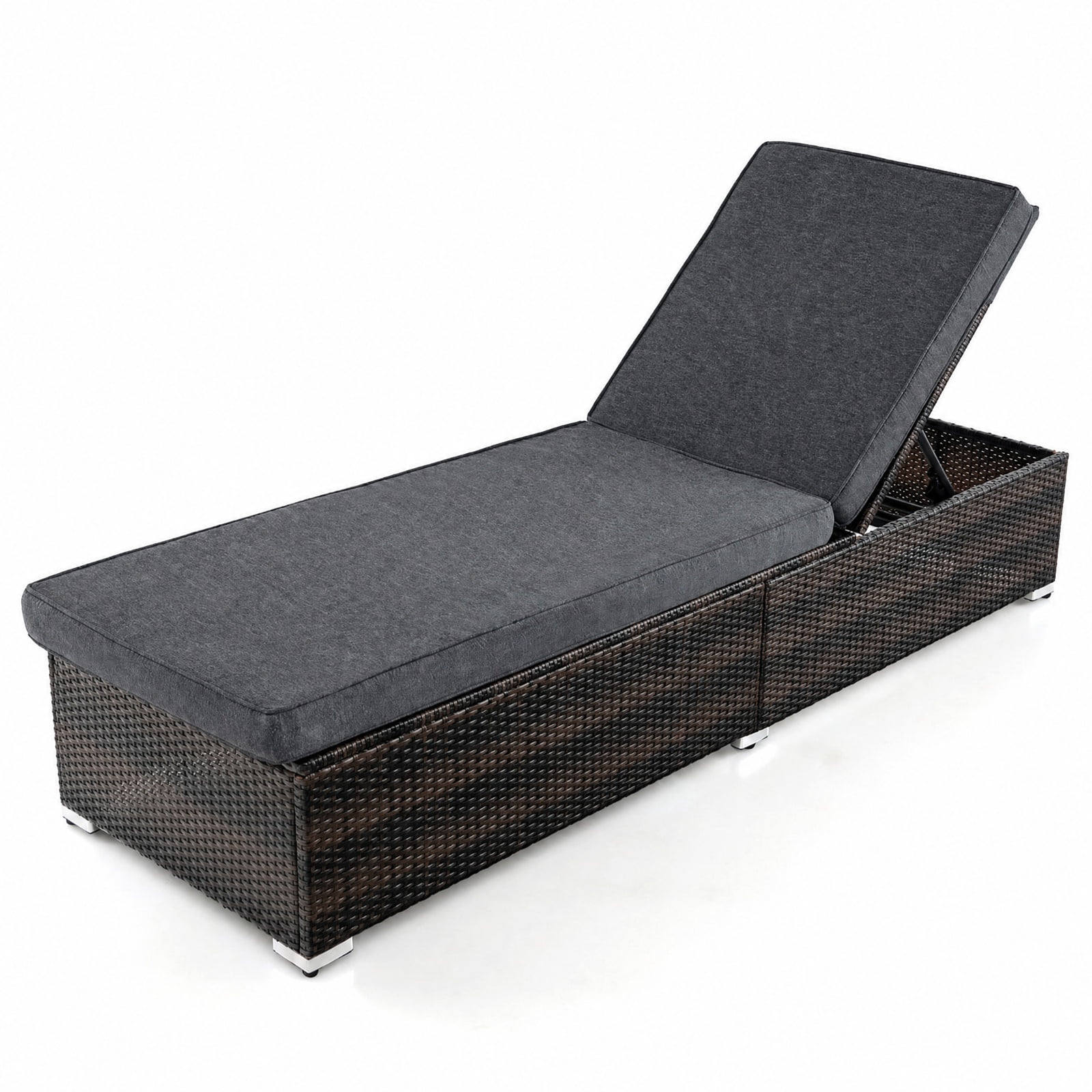 Furnibear Patio Wicker Lounge Chair with 4 Level Adjustable Backrest Long Seat Cushion PE Rattan Weave and Metal Frame for Poolside, Brown