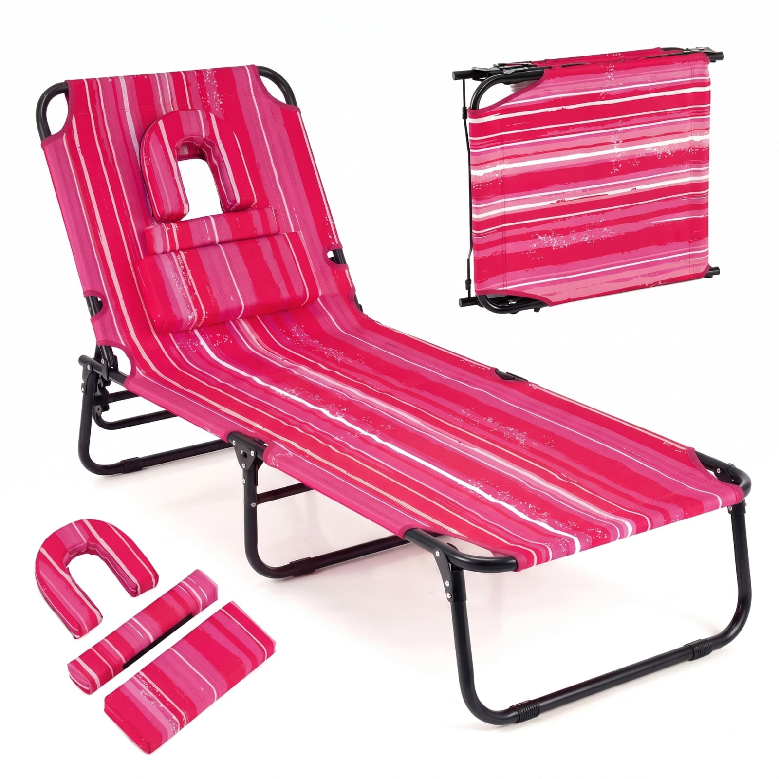 Furnibear Pink Stripe Folding Patio Chair Metal for Porch Deck Balcony Holds 330 lbs Weather-Resistant Outdoor Furniture