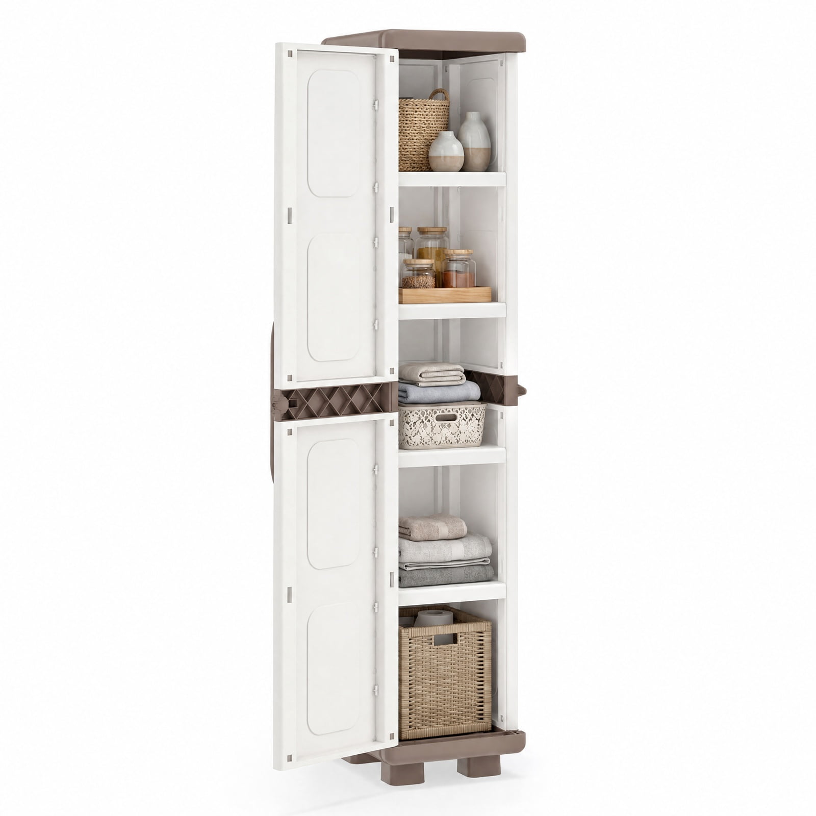 Furnibear Plastic Kitchen Pantry with 4 Adjustable Shelves and Single Door for Living Room and Kitchen for Living Room Bedroom Kitchen, Beige