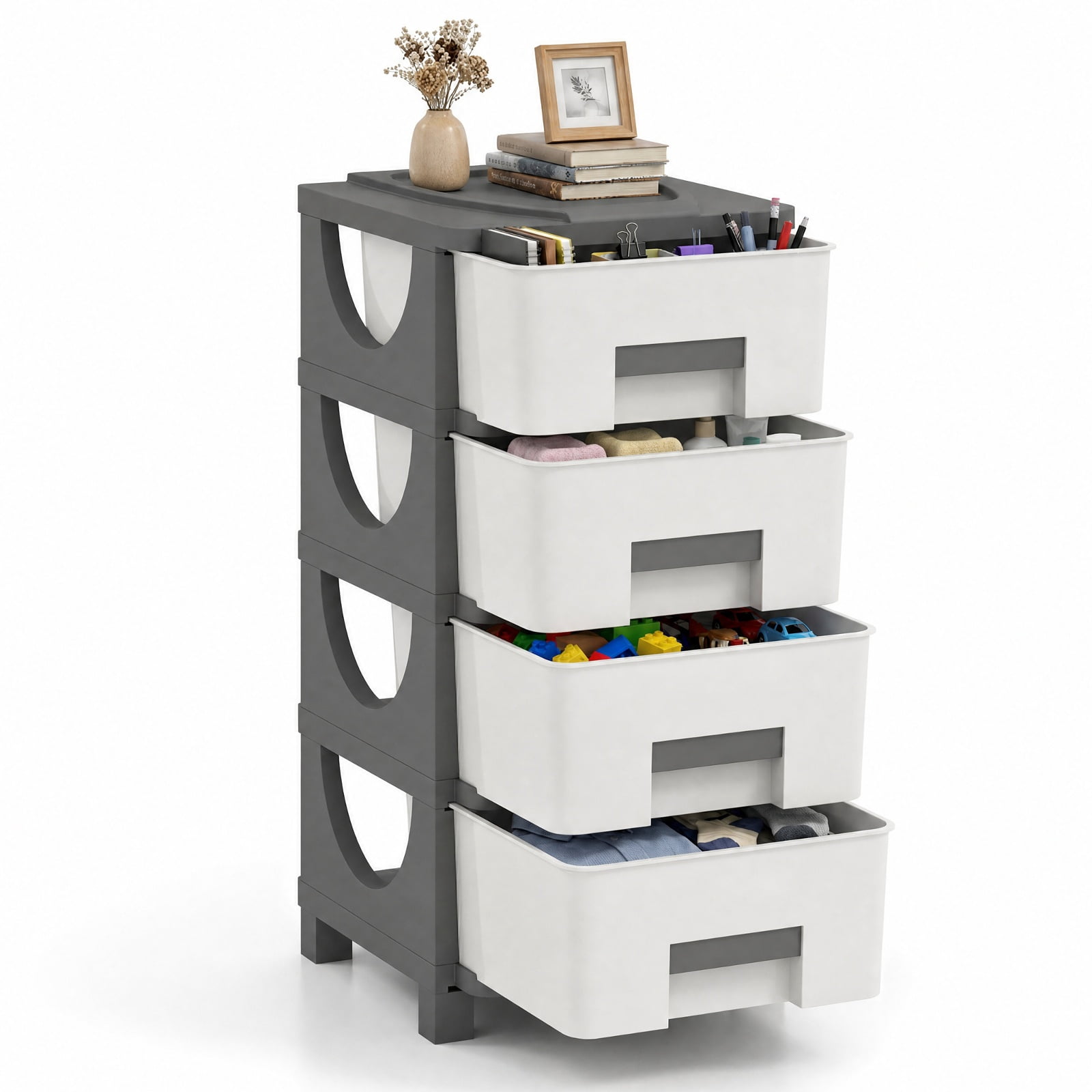 Furnibear Plastic Storage Organizer with Compact Drawer Cabinet Side Table for Bedroom for Bedroom Closet Living Room Nursery Clothes Storage, Gray