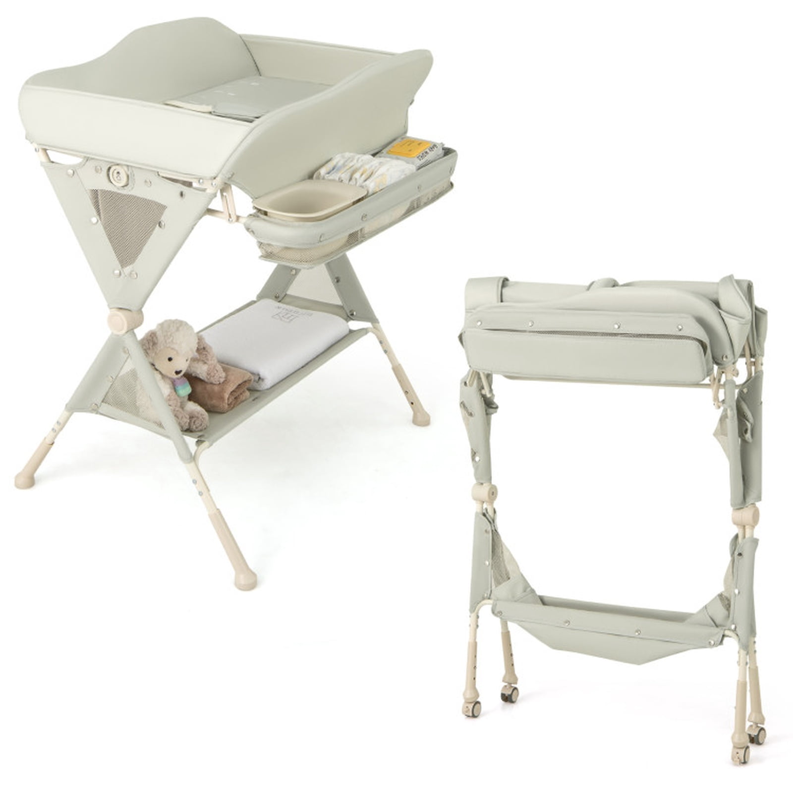 Furnibear Portable Changing Table with Water Basin 3 Adjustable Heights Foldable Metal Frame 4 Lockable Casters and Multi Tier Storage, Green