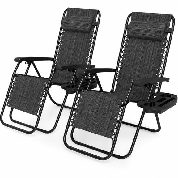 Furnibear Portable Zero Gravity Chairs Set of 2 Folding Reclining Patio Lounge Chairs with Cup Holder Trays and Adjustable Pillow, Gray