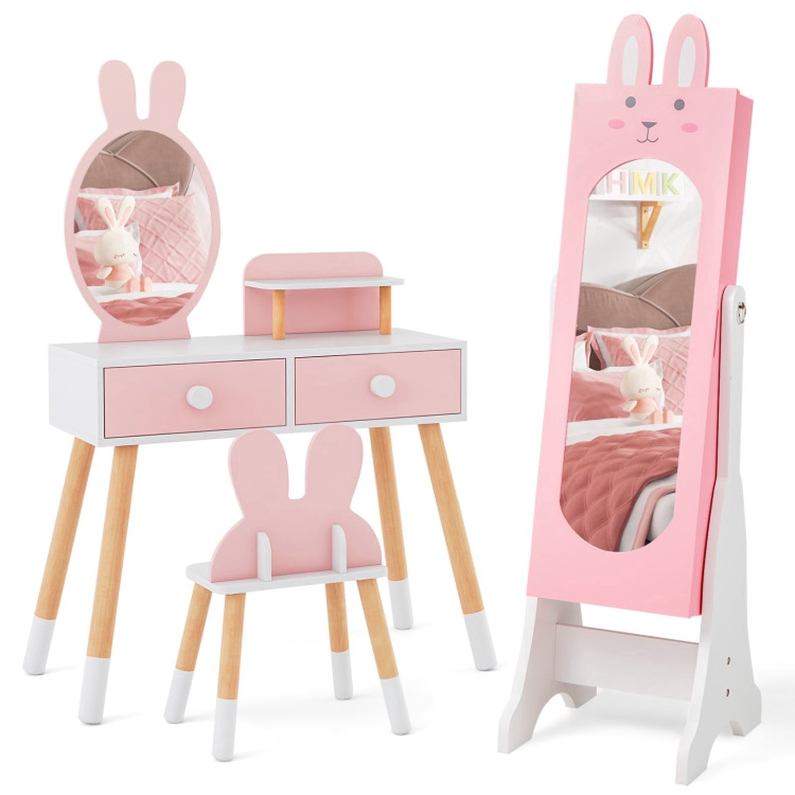 Furnibear Kids Room Furniture Set with Princess Vanity Table and Chair and Jewelry Armoire Mirror for Girls Bedroom, Pink