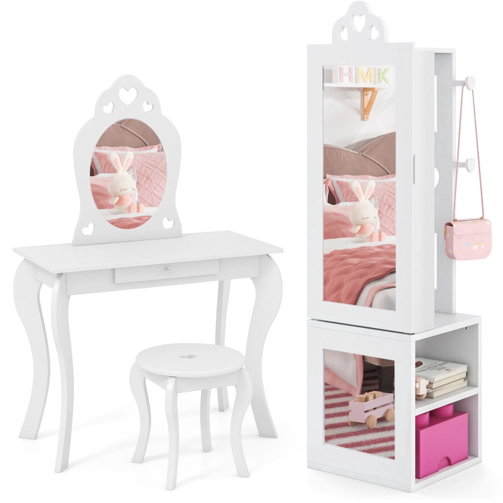 Furnibear Princess Vanity Table and Stool Set with Freestanding Jewelry Cabinet Armoire and Full-Length Mirror for the Bedroom, White