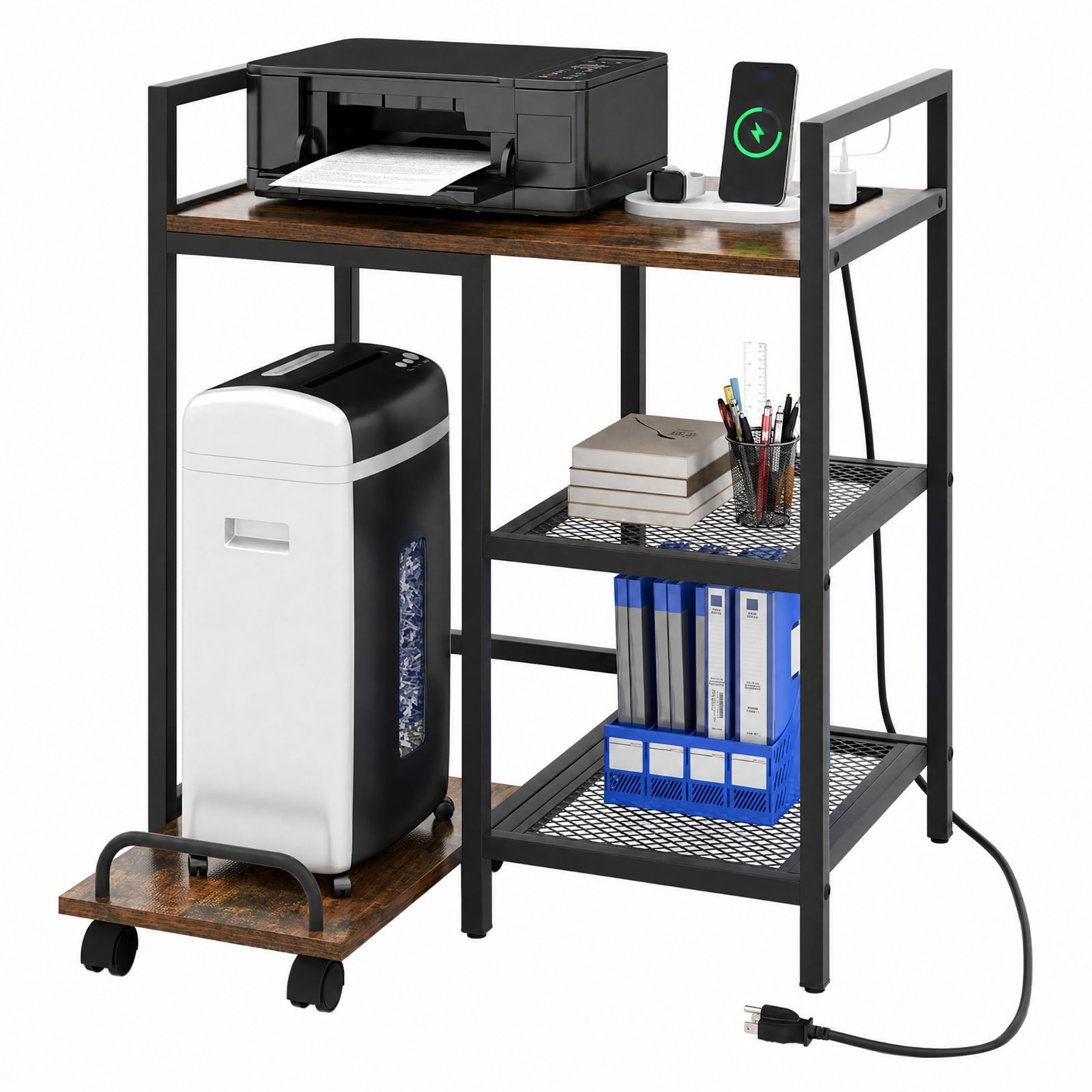 Furnibear Printer Stand with Charging Station and Storage Shelves for Home Office Printer Machine Under Desk Storage, Rustic Brown