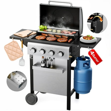 Furnibear 4 Burner BBQ Propane Gas Grill, Stainless Steel 34,000 BTU Patio Garden Barbecue Grill with Two Foldable Shelves